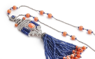 SOLD. A coral, sapphire and diamond necklace set with coral and sapphire beads, oval-cut sapphire and brilliant-cut diamonds, mounted in 18k white gold. L. app. 90 cm – Bruun Rasmussen Auctioneers of Fine Art