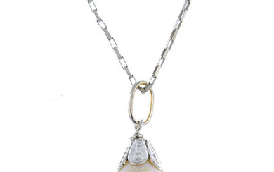 A cultured pearl pendant, with fancy-link chain.