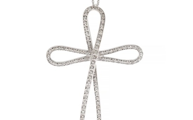 A diamond pendant in shape of a cross set with numerous brilliant-cut diamonds, mounted in 18k white gold. L. 4.9 and 42 cm. (2)