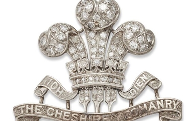 A diamond regimental sweetheart brooch, for the Cheshire Yeomanry with pave diamond prince of Wales feathers depicting the badge of The Cheshire Yeomanry, set with single-cut diamonds. length, 2.5cm