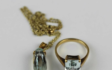 A gold and aquamarine single stone pendant