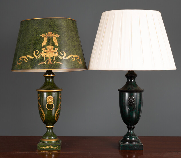 A green toleware table lamp and shade