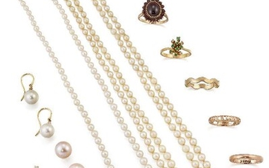 A group of cultured pearl jewellery, and six rings, comprising: a cultured pearl double graduated pearl necklace to a blue zircon and cultured pearl cluster clasp, length 45cm; a graduated single row cultured pearl necklace, length 46cm; a pair of...