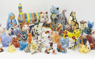 A group of pottery cats with vibrant glazes, to include; AHS pottery cat, a Sergey Gerasimenko cat, a Harlequin by Cardew, a Dappled Sky cat with Ziggy Stardust glaze, hand-painted 6/50 to interior, and others, tallest 34cm (lot)