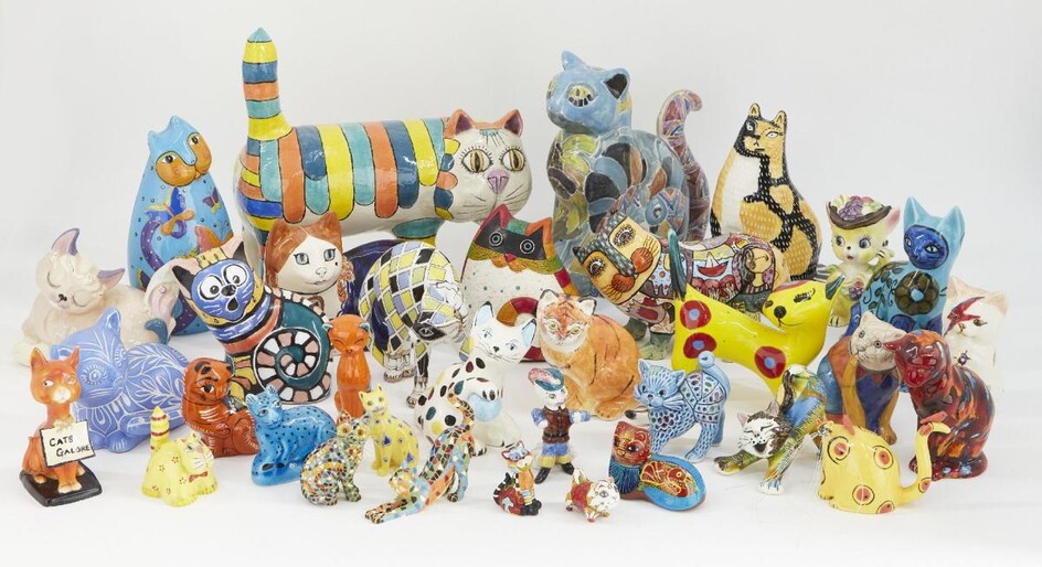 A group of pottery cats with vibrant glazes, to include; AHS pottery cat, a Sergey Gerasimenko cat, a Harlequin by Cardew, a Dappled Sky cat with Ziggy Stardust glaze, hand-painted 6/50 to interior, and others, tallest 34cm (lot)