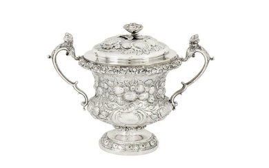 A large George IV sterling silver twin handled covered sugar bowl, London 1825 by Joseph Angell