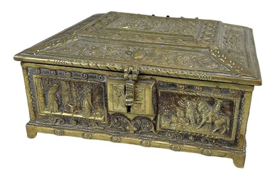 A late 19th century brass casket with figural decoration to...
