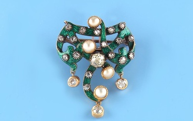 A late 19th / early 20th century green enamel diamond & seed...