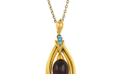 A late Victorian gold garnet and turquoise pendant, with chain.