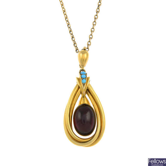 A late Victorian gold garnet and turquoise pendant, with chain.