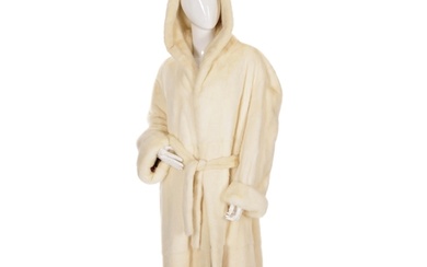 A men's full-length white mink hooded coat, featuring hook a...