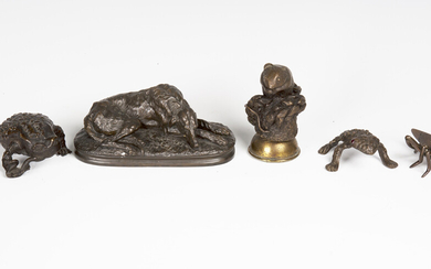A modern cold cast bronze model of a recumbent dog, width 15cm, together with a bronzed resin model