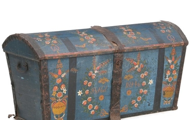 A painted and ironbound Danish rural oakwood wedding chest. Dated 7/8 1846. H. 71 cm. L. 140 cm. D. 58 cm.