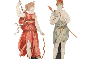 A pair of 19th century embroidered classical figural panels depicting Artemis and Ares