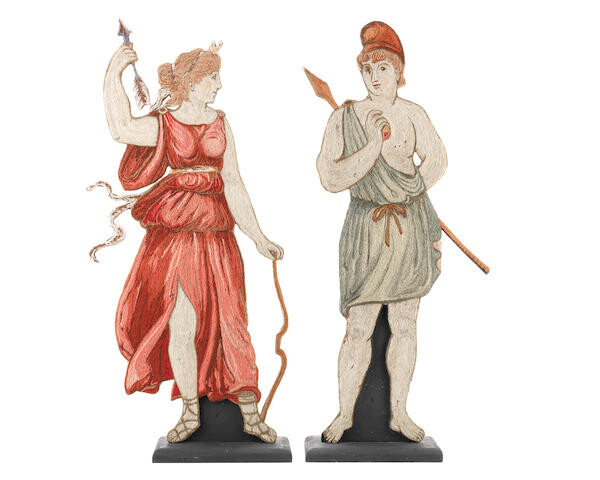 A pair of 19th century embroidered classical figural panels depicting Artemis and Ares