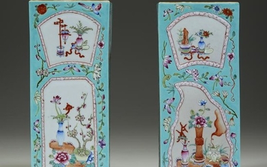 A pair of Chinese turquoise-ground square vases, late