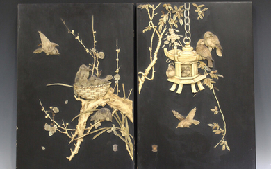 A pair of Japanese inlaid lacquer rectangular panels, early 20th century, each inlaid with carved an