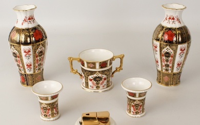 A pair of Royal Crown Derby 'Old Imari' vases - of lobed, ba...