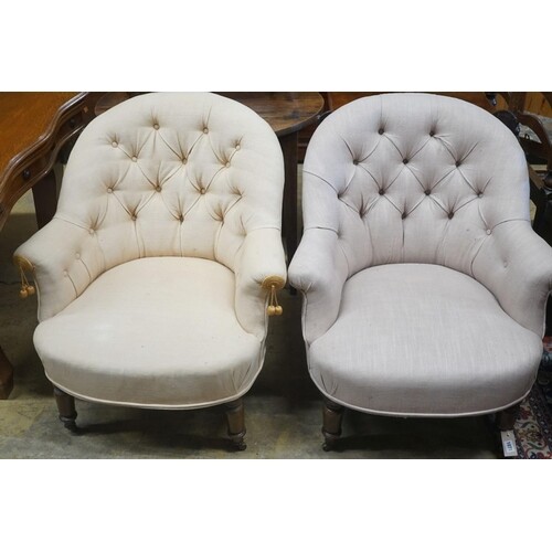 A pair of Victorian upholstered button back tub framed chair...
