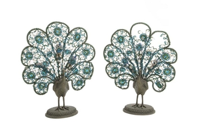 A pair of beaded bronze peacock table lamps