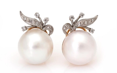SOLD. A pair of ear pendants each set with a cultured Mabe pearl and numerous white stones, mounted in 18k gold and white gold. (2) – Bruun Rasmussen Auctioneers of Fine Art