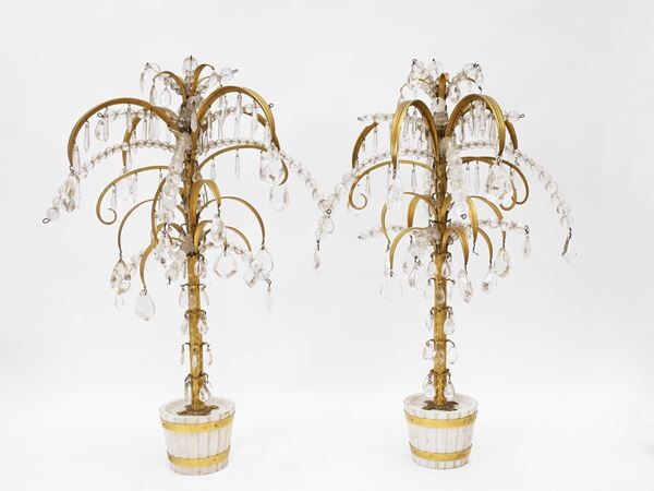 A pair of gilded metal, marble and crystal palmette end of the 19th century