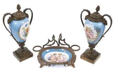 A pair of late 19th century ‘Sèvres’ cassolettes, and a similar dish