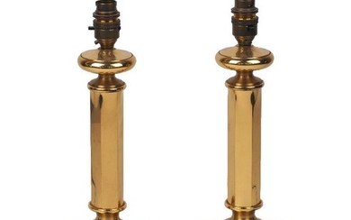 A pair of modern brass lamps, each with hexagonal shaft and square base, 31cm high (2)