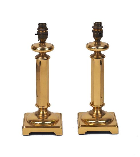 A pair of modern brass lamps, each with hexagonal shaft and square base, 31cm high (2)