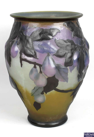 A reproduction Galle Art Nouveau style overlaid and cut glass vase.