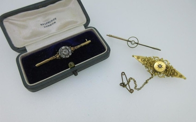 A rose cut diamond bar brooch together with two others