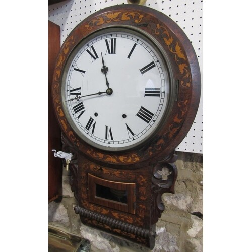 A rosewood and boxwood inlaid wall clock, twin train moveme...