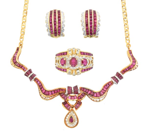 A ruby and diamond suite of jewellery