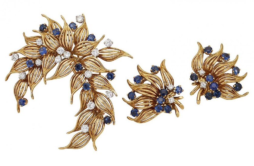 A sapphire and diamond-set brooch and pair...