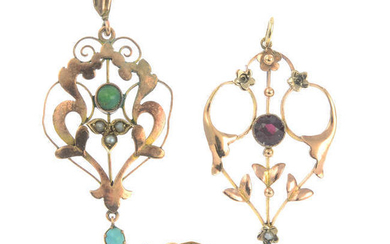 A selection of early 20th century 9ct gold gem-set jewellery.