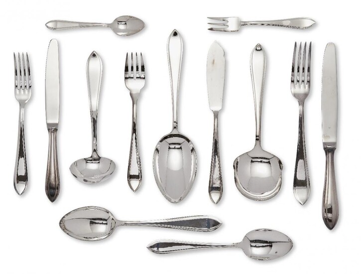 A set of 999 Dutch silver flatware by MJ Gerritsen, Zeist, c.1982, comprising nine each: table forks; table knives; table spoons; fish forks; fish knives; dessert forks; dessert knives; pastry forks; dessert spoons and teaspoons, together with...