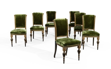 A suite of seven Austrian parcel-gilt, gilt-brass mounted and ebonised dining chairs, Vienna, circa 1870 | Suite de sept chaises en bois noirci, dorées et ornées de laiton, travail autrichien, vers 1870