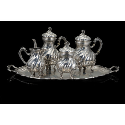 A titled 800 silver tea and coffee set, comprising of: coffee pot, teapot, sugar bowl, milk jug. Silversmith "C.A.F" (h....