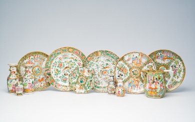 A varied collection of Chinese Canton famille rose porcelain with palace scenes and floral design,...