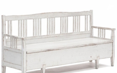 A white-painted Swedish wooden bench. Ca. 1900. L. 185 cm. Seat height...