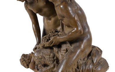 AFTER CLAUDE MICHEL CLODION, FRENCH LATE 19TH/EARLY 20TH CENTURY, BACCHANTE, SATYR AND CHILD, TERRACOTTA, 18.5in. (47cm.) high, 11in. (28cm.) wide, 9in. (23cm.) deep