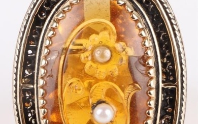 AMBER GLASS & PEARL 14K YELLOW GOLD LADIES RING