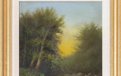 AMERICAN SCHOOL, 20th Century, Sunset over a stream., Oil on board, 14" x 12". Framed 19" x 17".