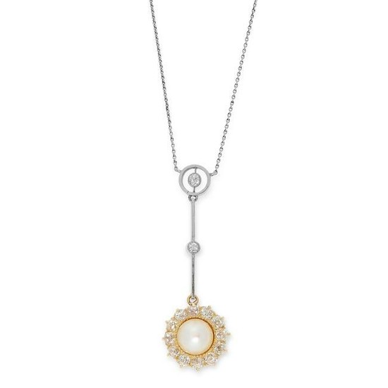 AN ANTIQUE NATURAL PEARL AND DIAMOND PENDANT NECKLACE