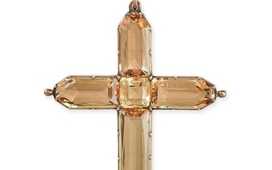 AN ANTIQUE TOPAZ CROSS PENDANT in yellow gold, designed as a cross set with square step cut and