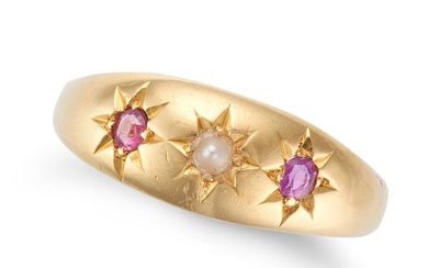 AN ANTIQUE VICTORIAN RUBY AND PEARL GYPSY RING in 22ct yellow gold, set with a pearl between two