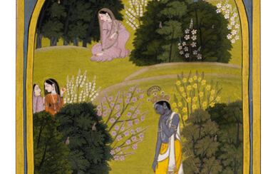 AN ILLUSTRATION FROM A RASIKAPRIYA SERIES: KRISHNA MEETING RADHA IN A FOREST GLEN INDIA, PUNJAB HILLS, KANGRA,WORKSHOP OF PURKHU, CIRCA 1820