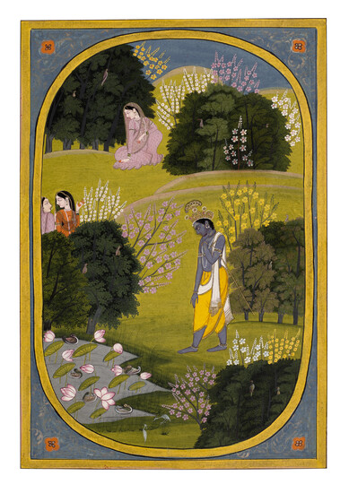 AN ILLUSTRATION FROM A RASIKAPRIYA SERIES: KRISHNA MEETING RADHA IN A FOREST GLEN INDIA, PUNJAB HILLS, KANGRA,WORKSHOP OF PURKHU, CIRCA 1820