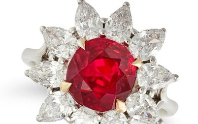 AN IMPORTANT PIGEON'S BLOOD BURMA NO HEAT RUBY AND DIAMOND CLUSTER RING in 18ct white gold, set with