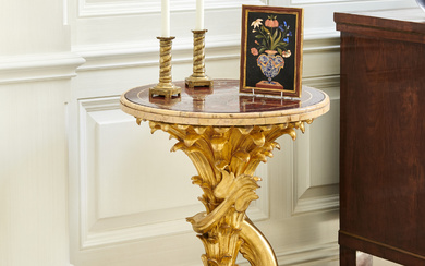 AN ITALIAN GILTWOOD, SICILIAN JASPER, PORPHYRY AND GIALLO MARBLE SIDE TABLE FIRST HALF 20TH CENTURY